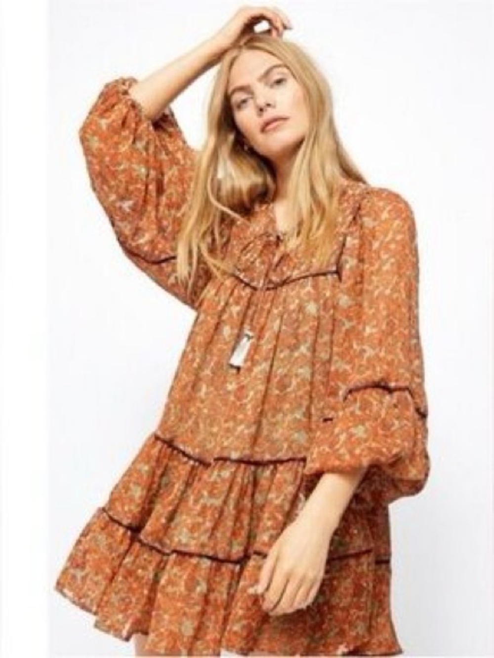 Free People Dress Womens Small Floral Boho Hippie Autumn Smocked Yoke Tassel